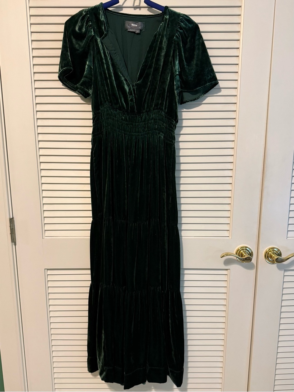 Anthropologie Emerald Green Velvet Tiered Maxi Dress